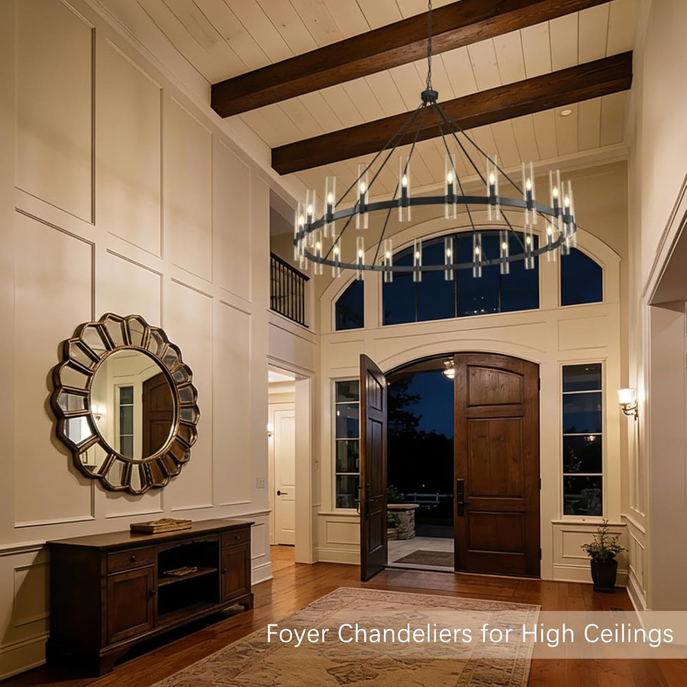 70" Black Wagon Wheel Chandelier, 24-Light Large Farmhouse Chandeliers f...