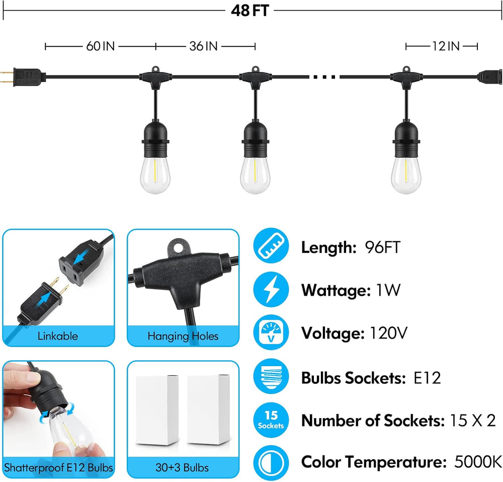 Lakumu 2-Pack 96FT Outdoor String Lights with E12 Filament S14 LED Bulbs
