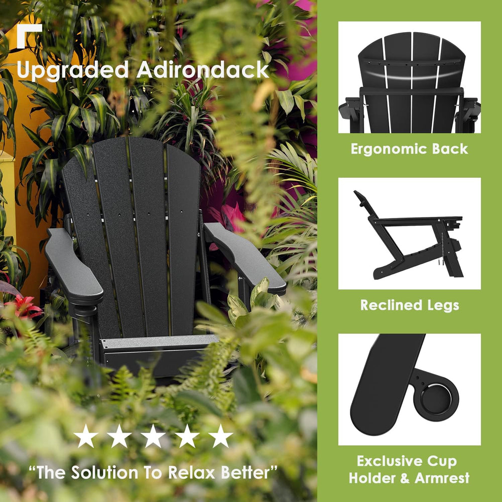 GREENVINES Folding Adirondack-Chairs-with-Ottoman Set of 2, HDPE, Black