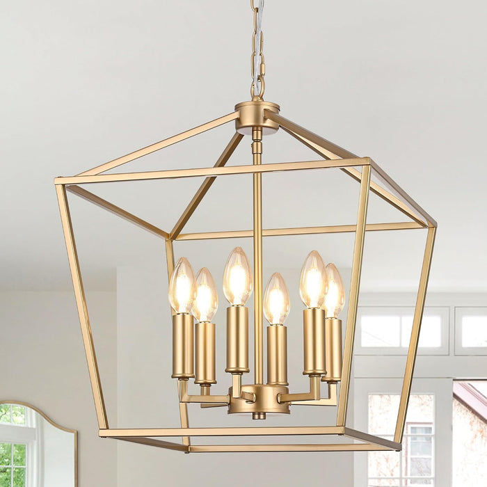 Gold Farmhouse Chandelier, 6-Light Lantern Pendant Light Fixture