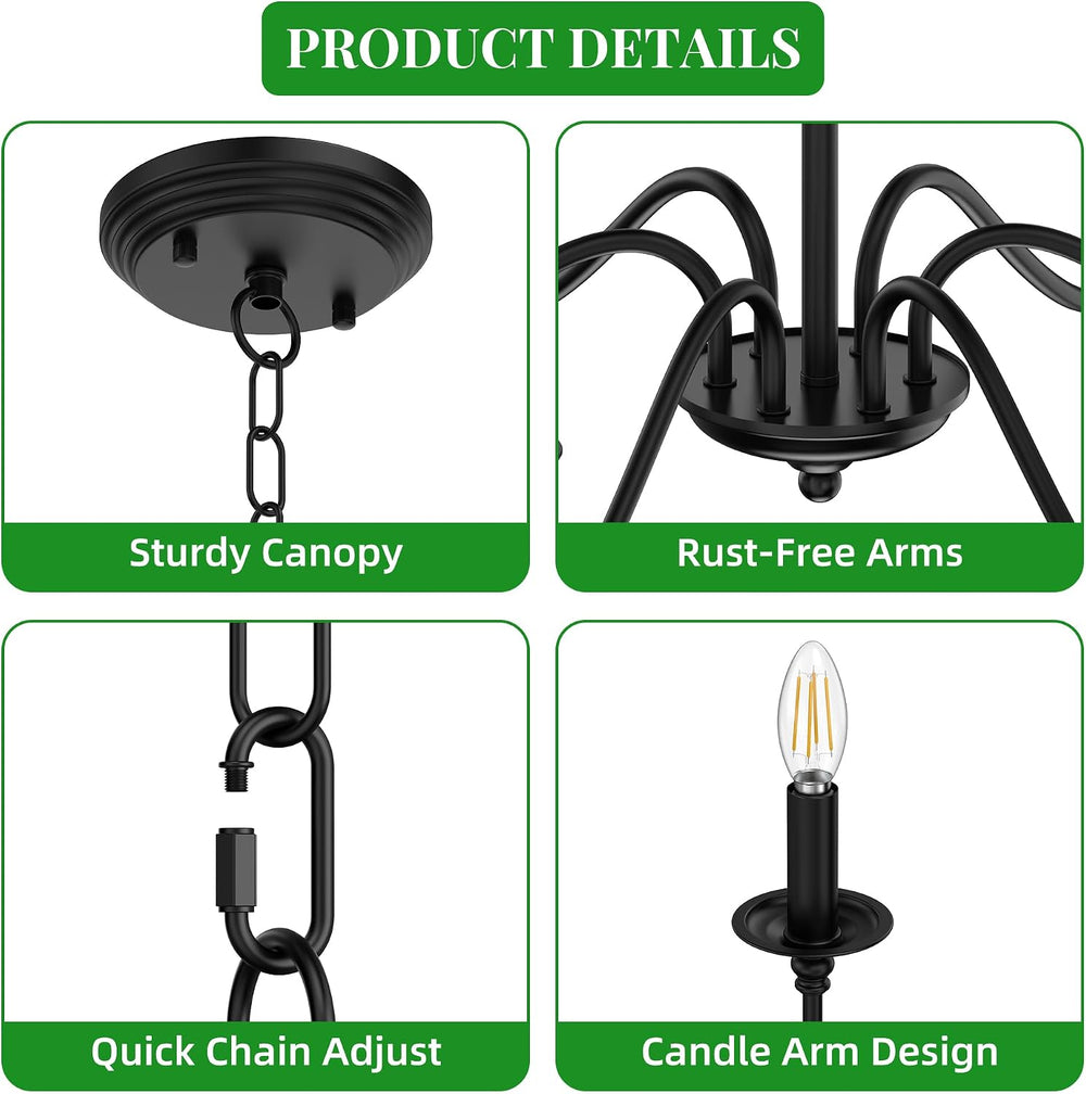 Phaosio Black Chandelier, 6-Light Farmhouse Candle Chandelier 29'', R...