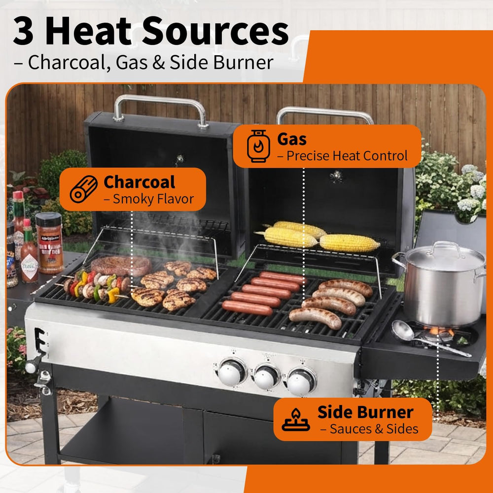 Gas & Charcoal Combo Grill, 2-in-1 Dual Fuel, Side Burner