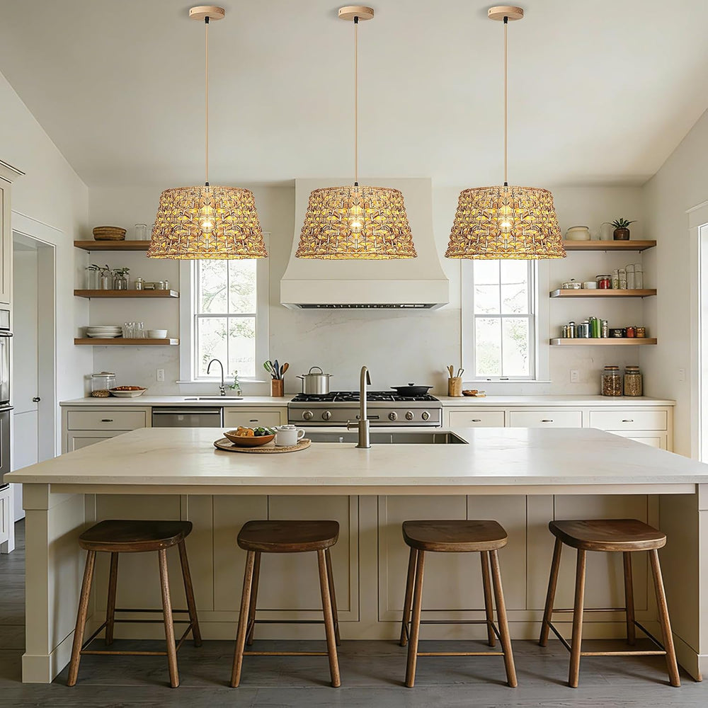 Rattan Pendant Light, 15.8" Boho Wicker Chandelier, Hand-Woven