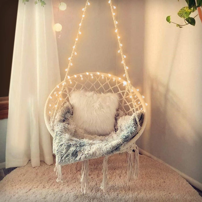 KASHAN Hanging Chair for Bedroom Hammock Chair Swing with Lights and Hardware Kits Holds up to 550Lbs Macrame Swing Chair Hanging Cotton Rope for Patio, Deck, Garden - Cushion Not Included