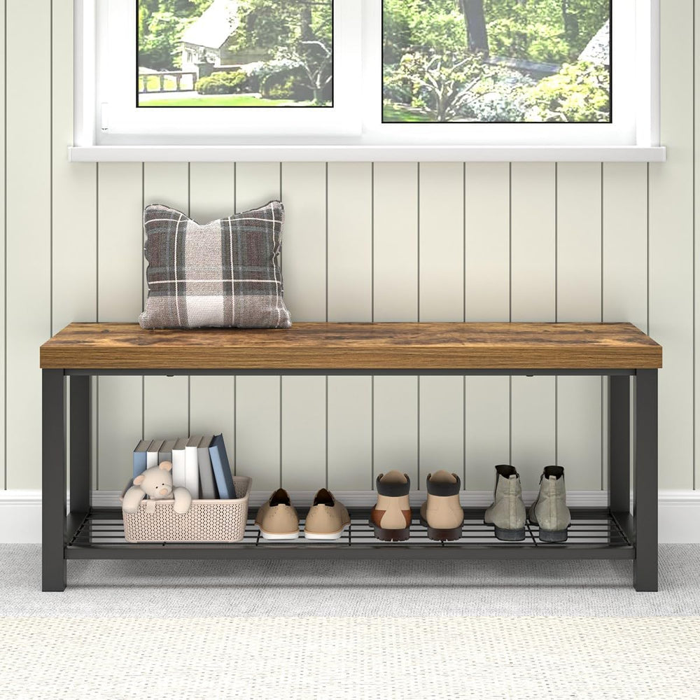 EXCEFUR Entryway Bench, Modern Wood and Metal Storage Bench for Hallway Front...