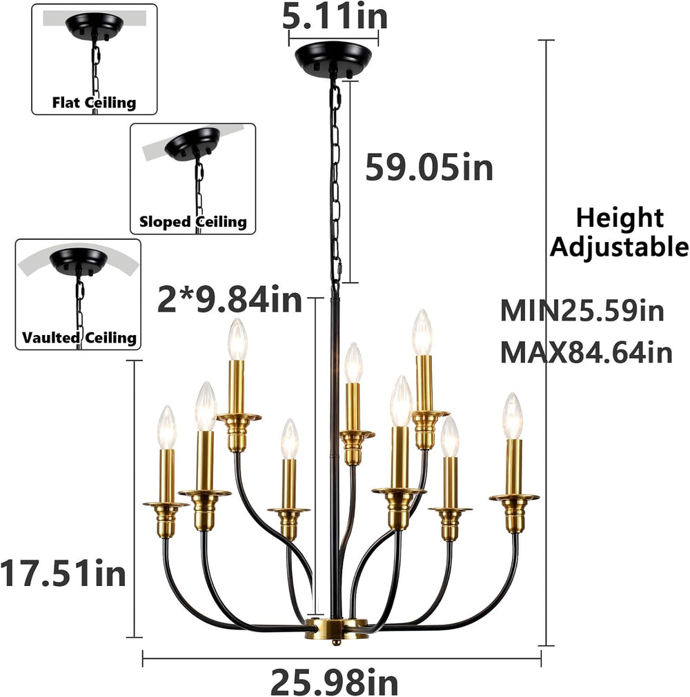 9-Lights Black and Gold Chandelier, 2-Tier Farmhouse Chandeliers 25.98"