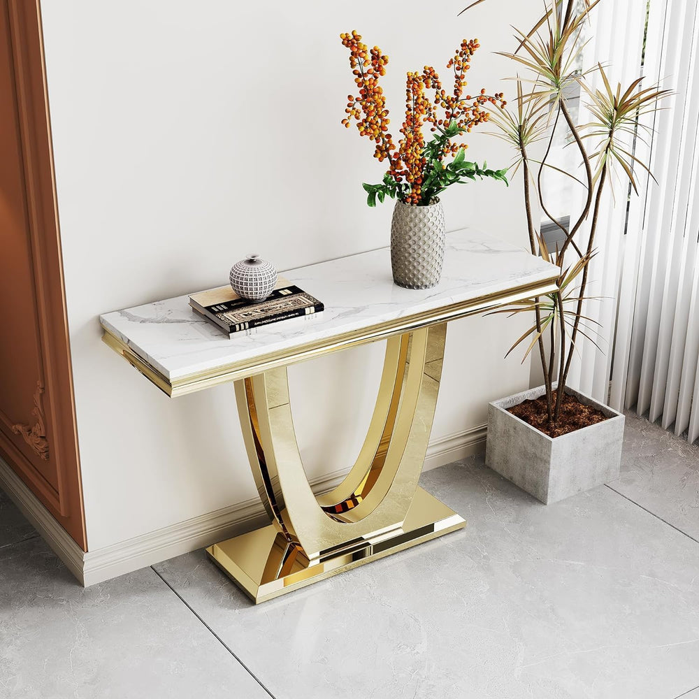 46.85" White Marble Console Table for Living Room, Faux Marble Sofa Tabl...