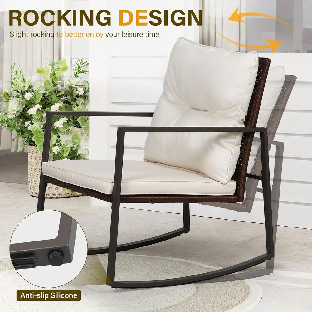 SUNCROWN 3 Piece Outdoor Rocking Bistro Set Brown Wicker Furniture Porch Chai...