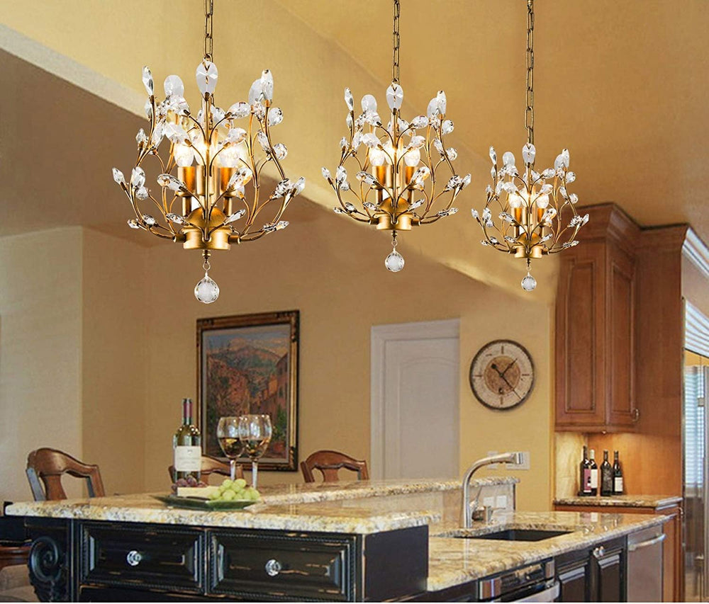 Garwarm 3-Light Gold Crystal Chandelier, Small Chandelier Pendant Light