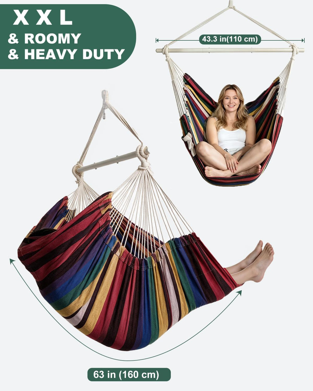 Lulladle Hammock Chair XXL with 2 Cushions, 500 lbs, All Hardware Included