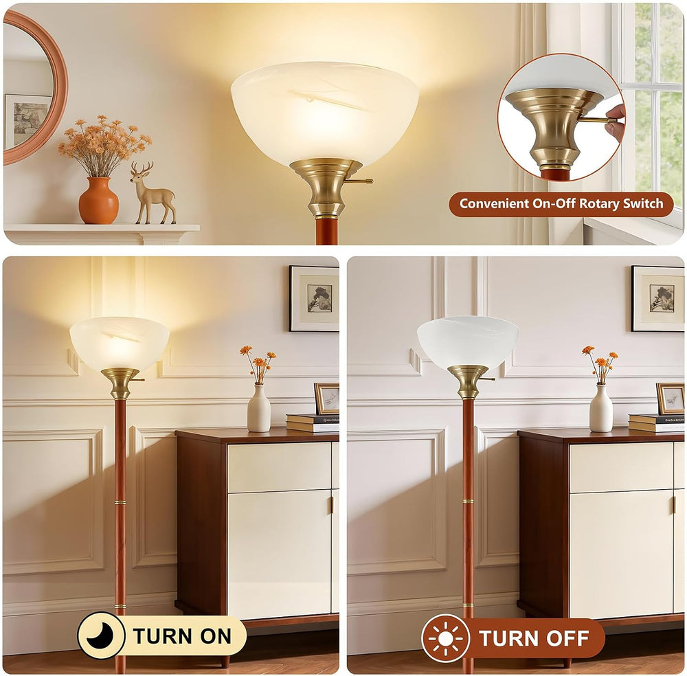 EJIAXIN 72" Wood Torchiere Floor Lamp with Glass Shade Gold Standing Lamp
