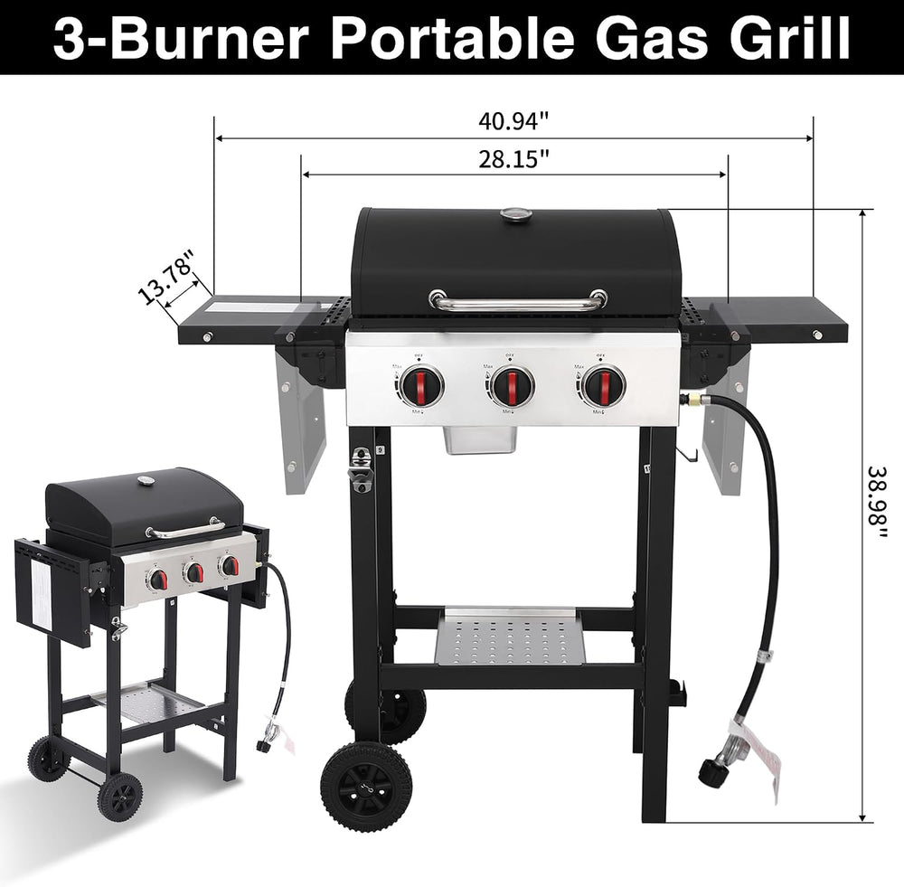 Propane Gas Grill with Folding Side Tables, 3-Burner Gas Grill with Cast Iron...