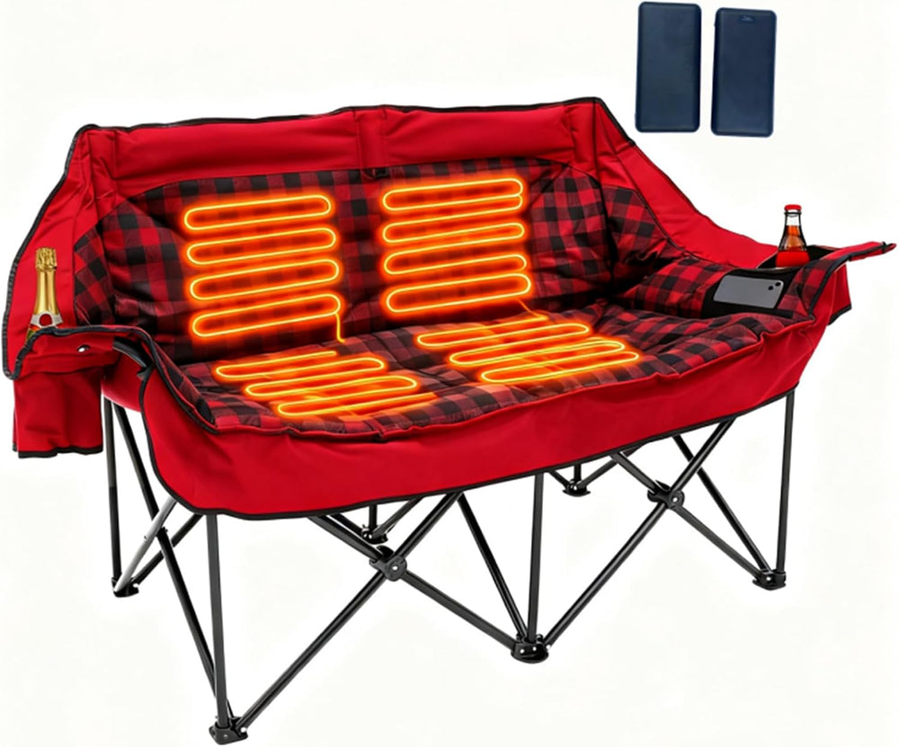Heated Double Camping Chair with 2 Battery, Padded Camping Couch with 3 Heat ...