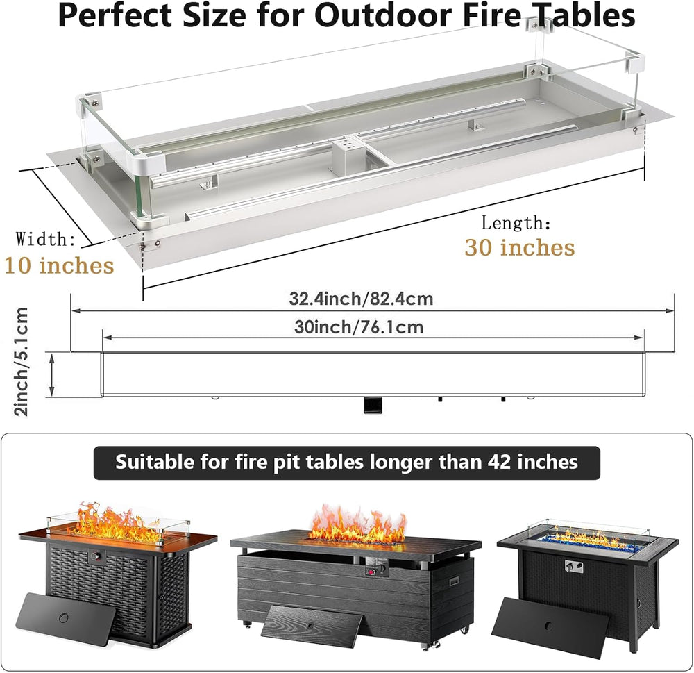 Hisencn 30 x10 Inch Drop-in Fire Pit Kit with Glass Wind Guard and Lid