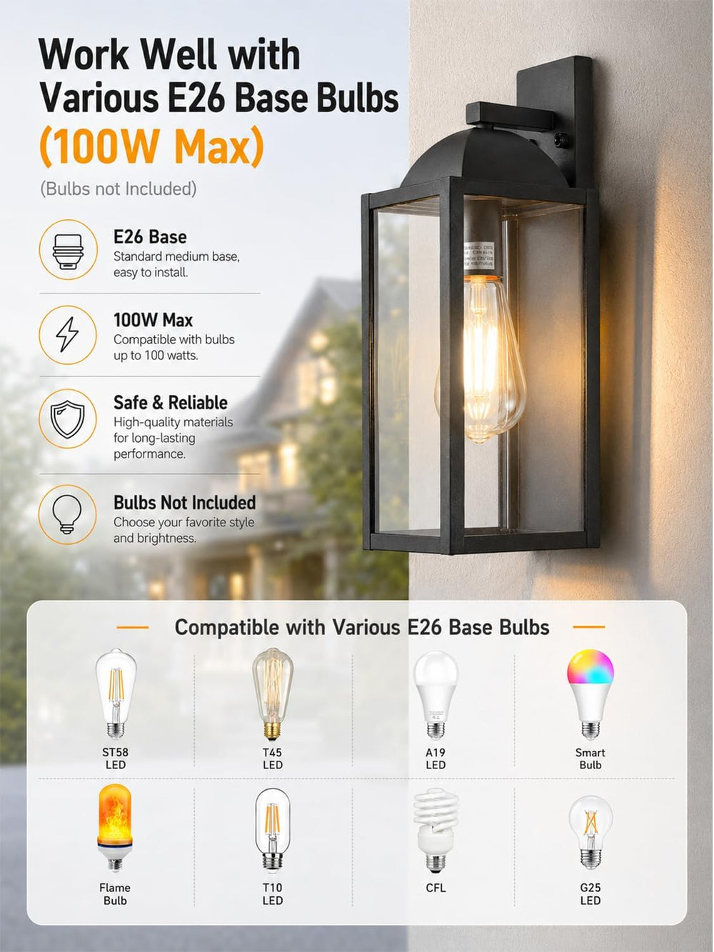 Outdoor Wall Sconce, Waterproof Exterior Lantern, E26 Glass, Black, 1 Pack