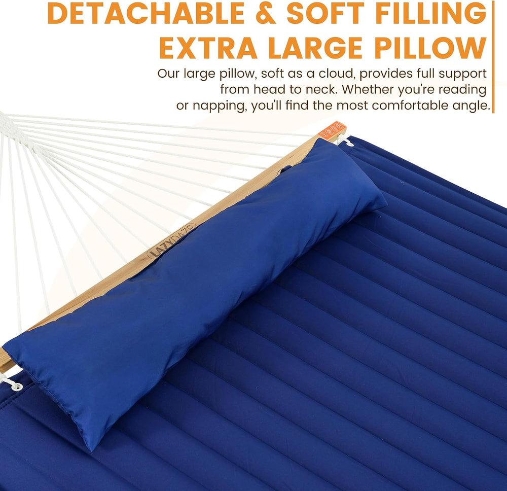 Lazy Daze Double Hammock with Pillow & Tree Straps for Outside, Navy Blue