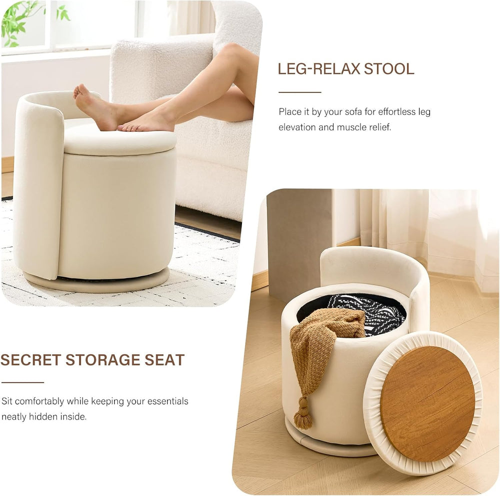 360° Swivel Makeup Chair with Storage, Upholstered Accent Stool with Back, Ro...