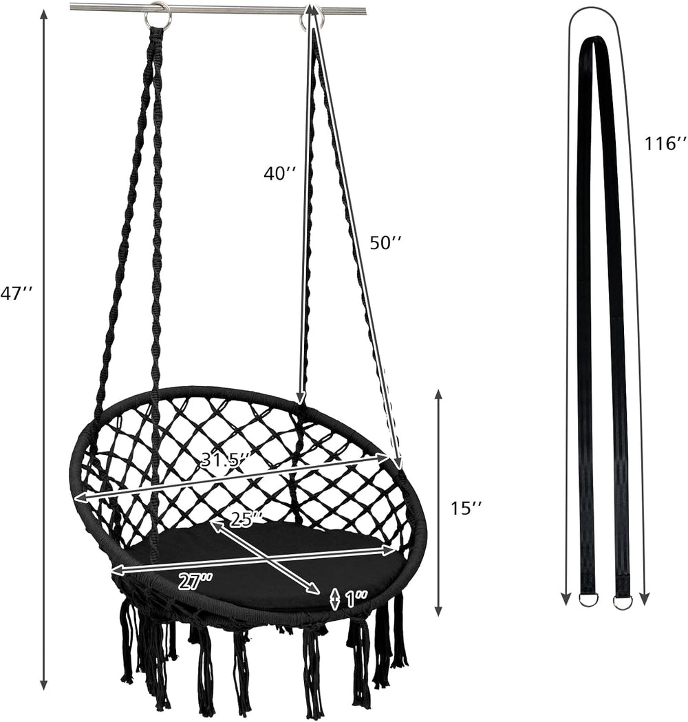 Giantex Hammock Chair Macrame Swing with Cushion & Hardware Kit, Black