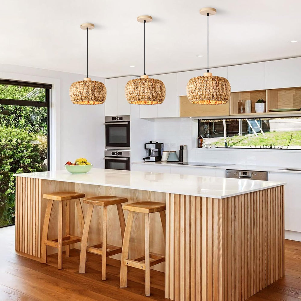 Hand-Woven Rattan Pendant Lights Kitchen Island wiht 12 Inch Wickel Shade