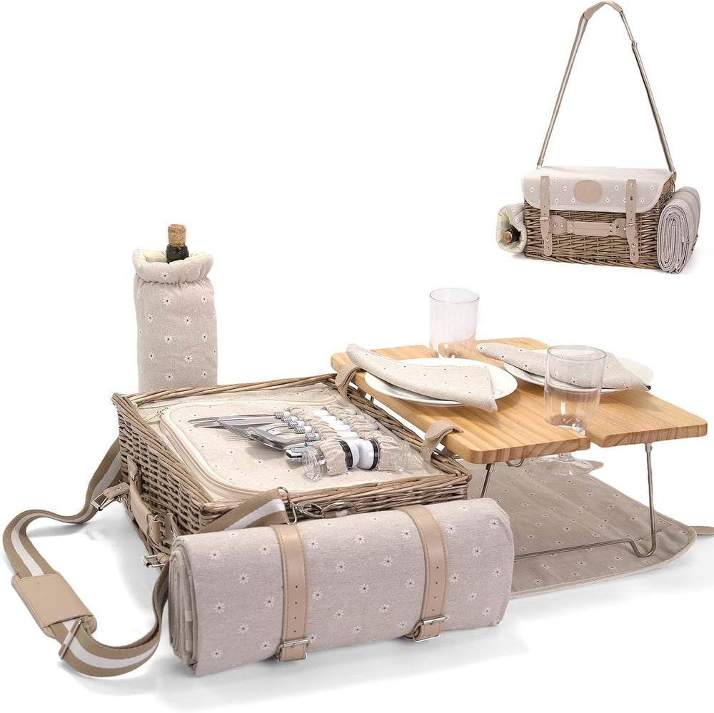 Multifunctional Wicker Picnic Basket Set for 2 with Blanket and Picnic Table,...