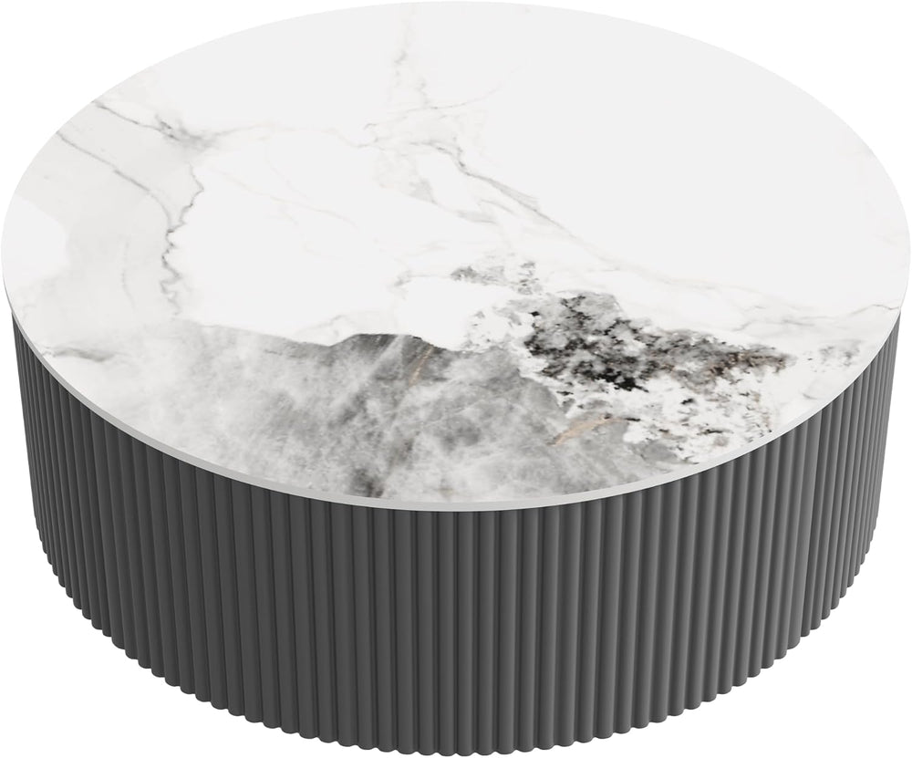 Round Coffee Table with Storage, Modern Movable Coffee Table with Marble Patt...
