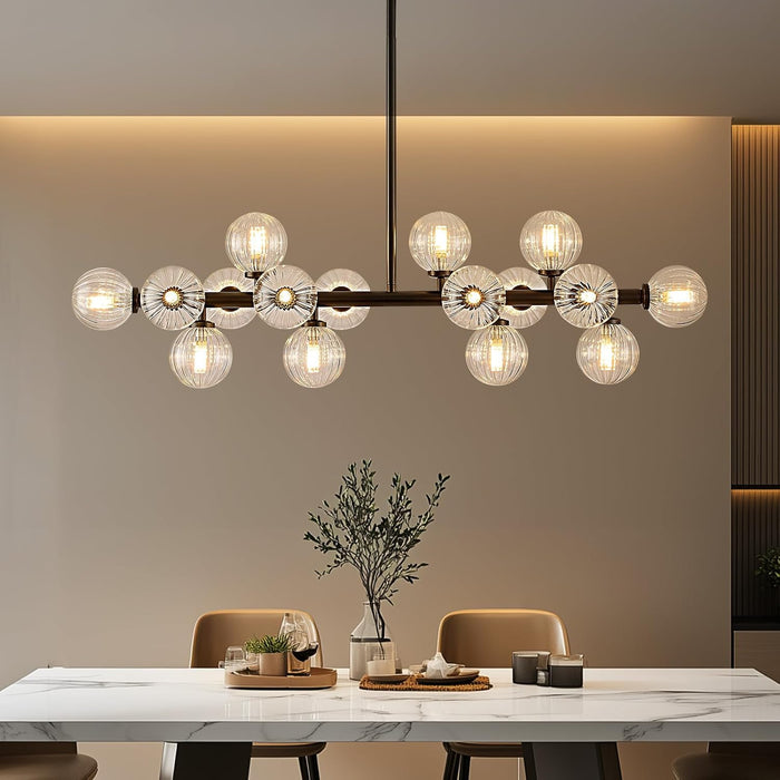 Glass Globe Sputnik Chandelier, 16-Light Mid Century Modern Light Fixture Over Table, Linear Chandeliers for Dining Room, Kitchen Island, Black and Clear Bubble, 40 Inch, GC-02