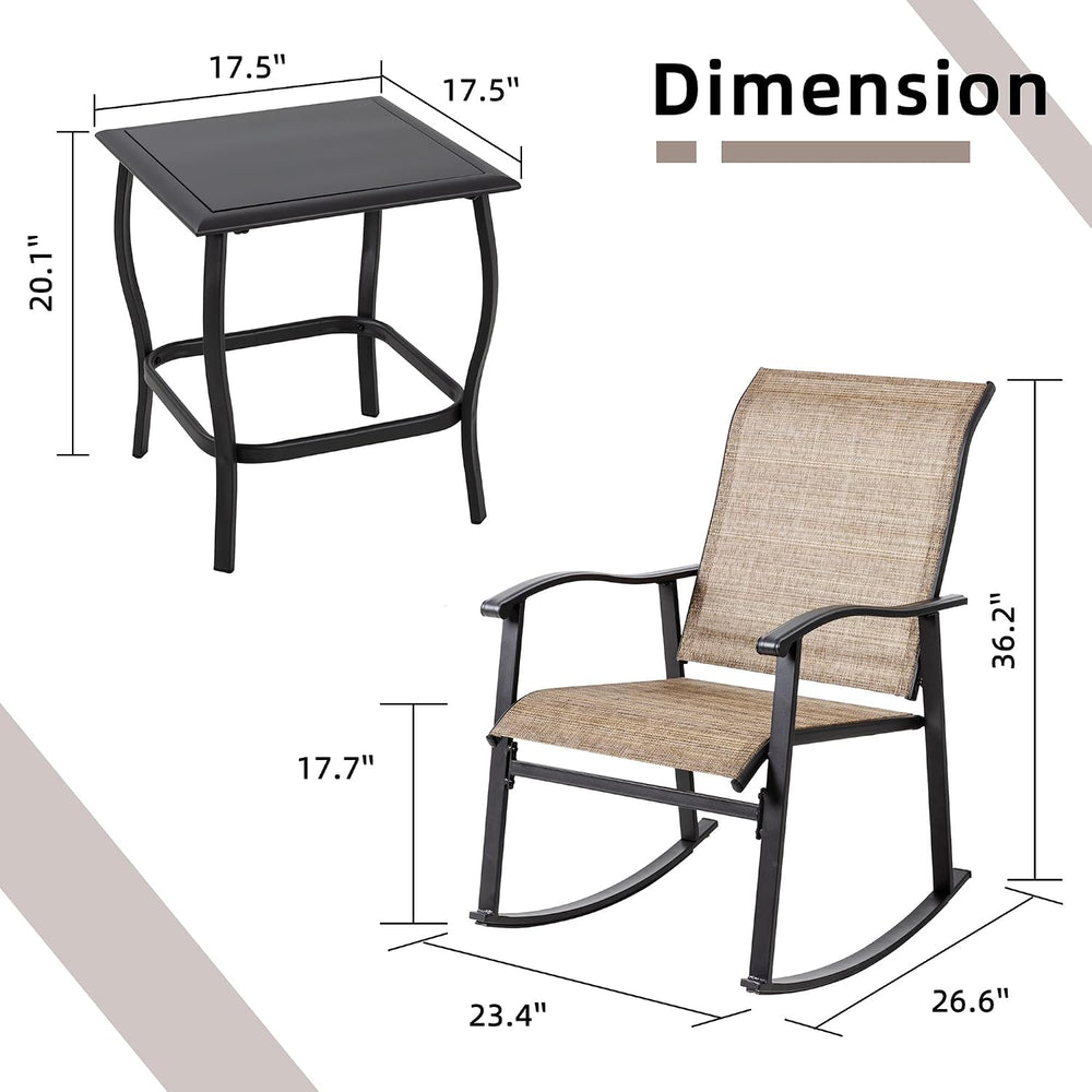 Vongrasig 3 Piece Outdoor Rocking Bistro Set, Textilene Fabric Small Patio Fu...