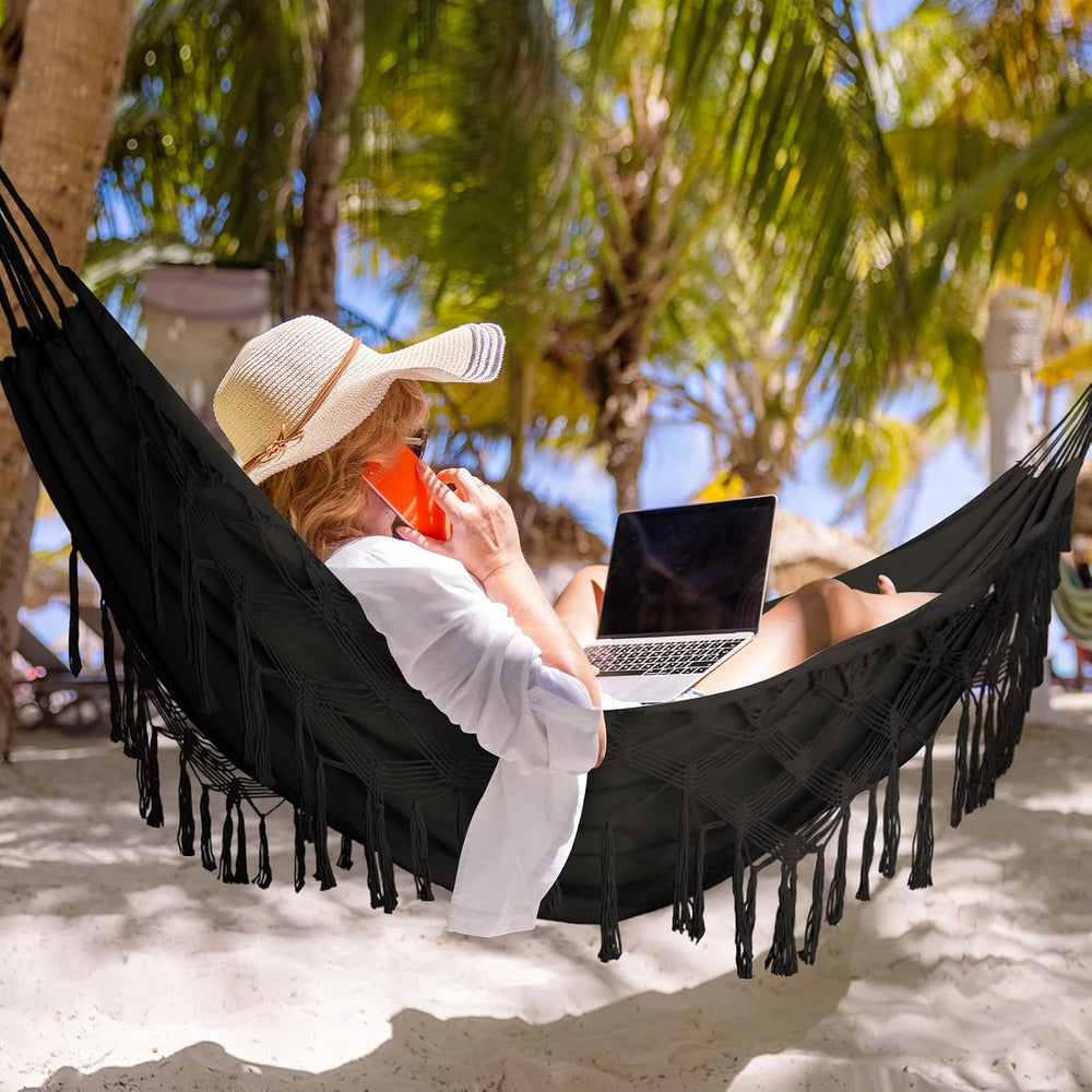Bellzacasa Double Hammock, Heavy Duty 500 lb Load Capacity Tassels and Fishta...
