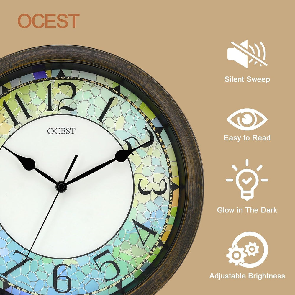 OCEST 13 Inch Illuminated Wall Clock, Glow in The Dark, Brown