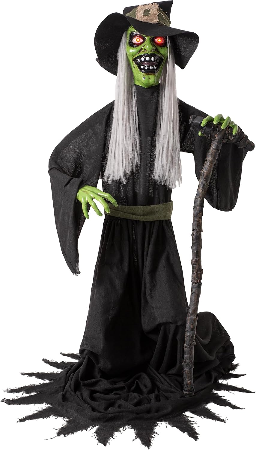 Halloween Animatronic Jump-Scare Witch Decoration, Sound Activated, Red Eyes,...