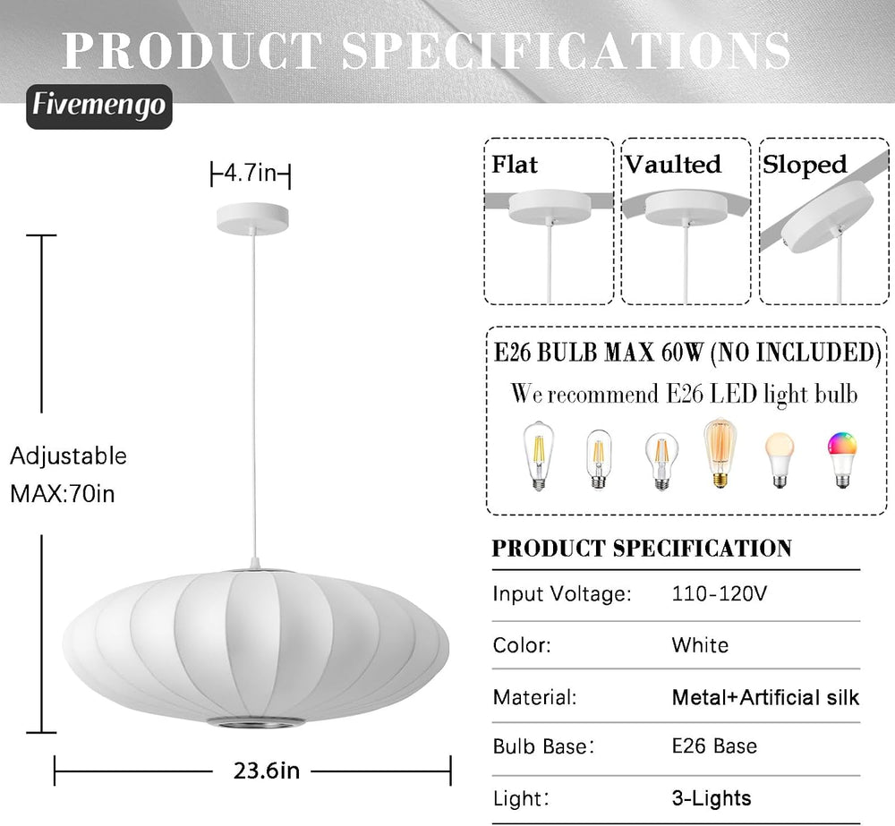 23.6in Lantern Pendant Light Bubble Saucer, White Imitation Silk