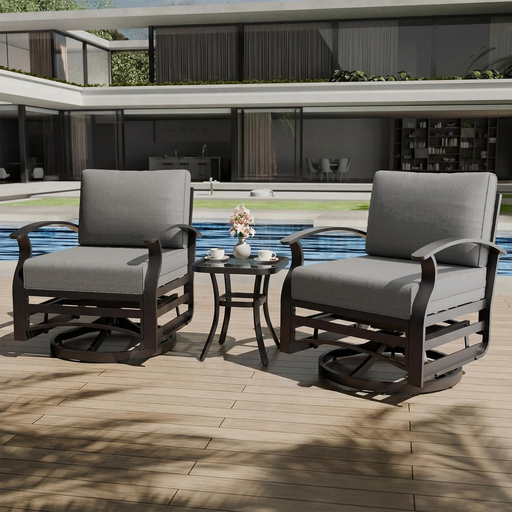 3 Piece Aluminum Swivel Rocking Chair Set, Outdoor Patio Swivel Gliders Chair...