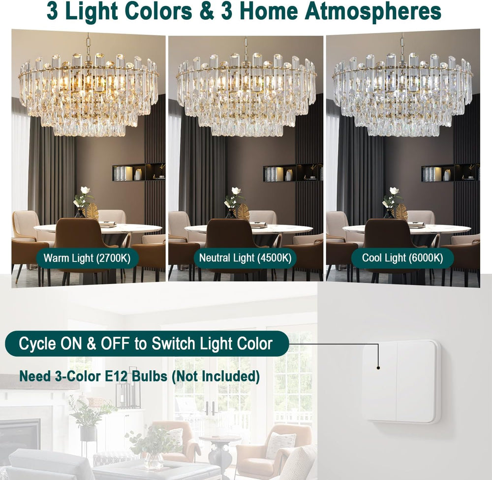 20" Gold Crystal Chandeliers for Dining Room, 10-Light Modern Chandelier