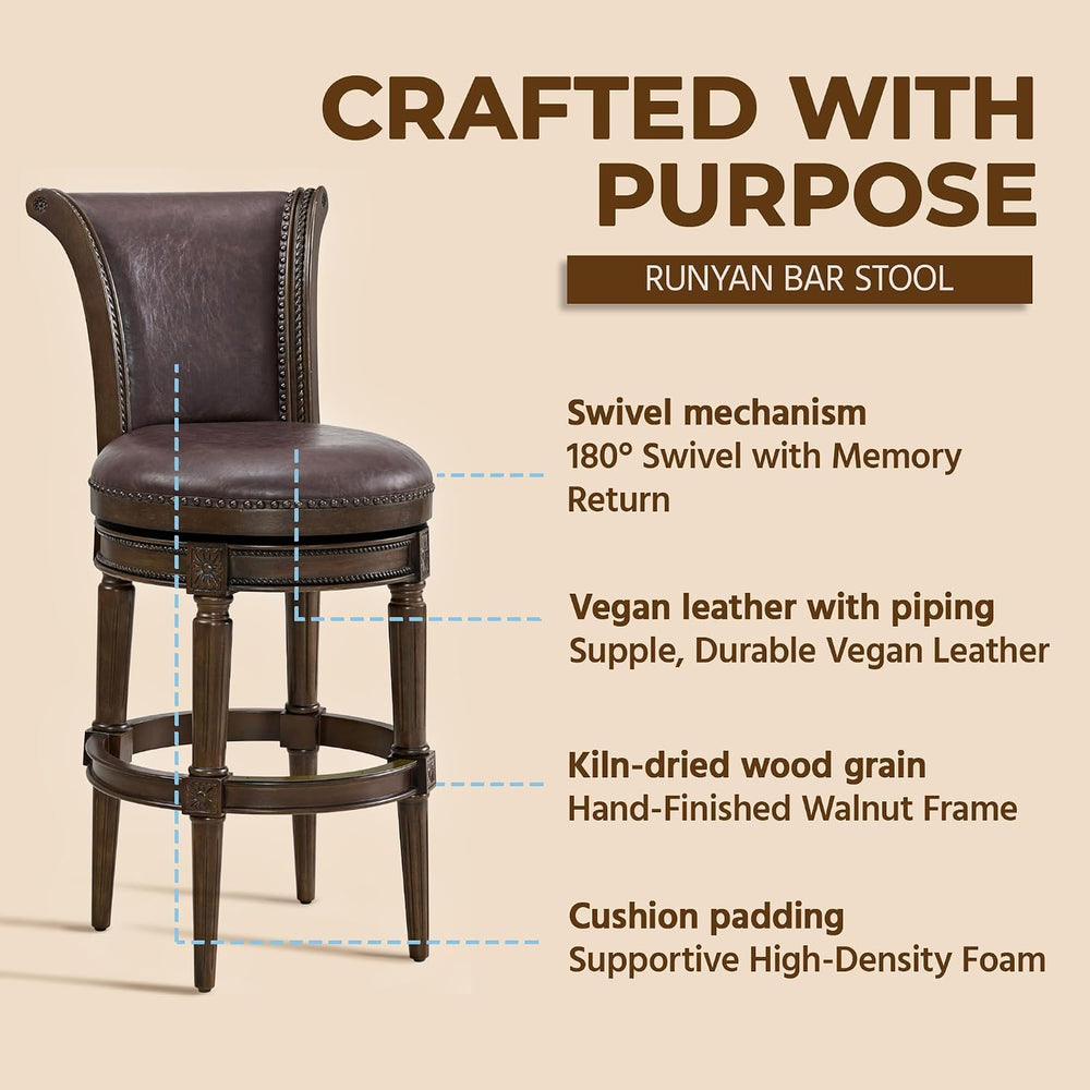 ROME + OAK Set of 4 Runyan 31" Swivel Bar Stool, High Back Barstool in D...