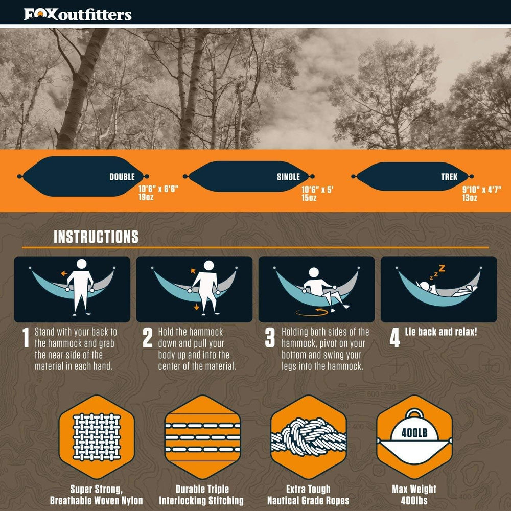 Fox Outfitters Neolite Double Camping Hammock - Lightweight Portable Nylon Pa...