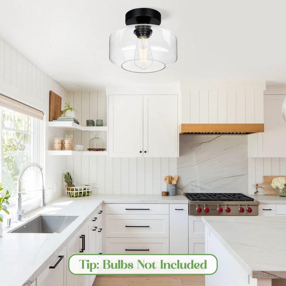 Lynnoland Industrial Farmhouse Semi Flush Mount Ceiling Light, Black, Clear G...