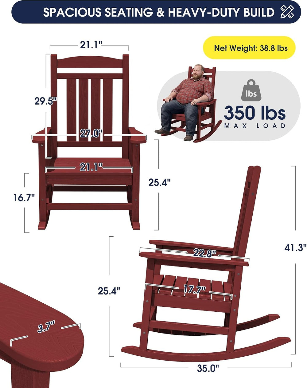 KINGYES Oversized Outdoor Rocking Chairs Set of 2, HDPE Porch Rockers, Red