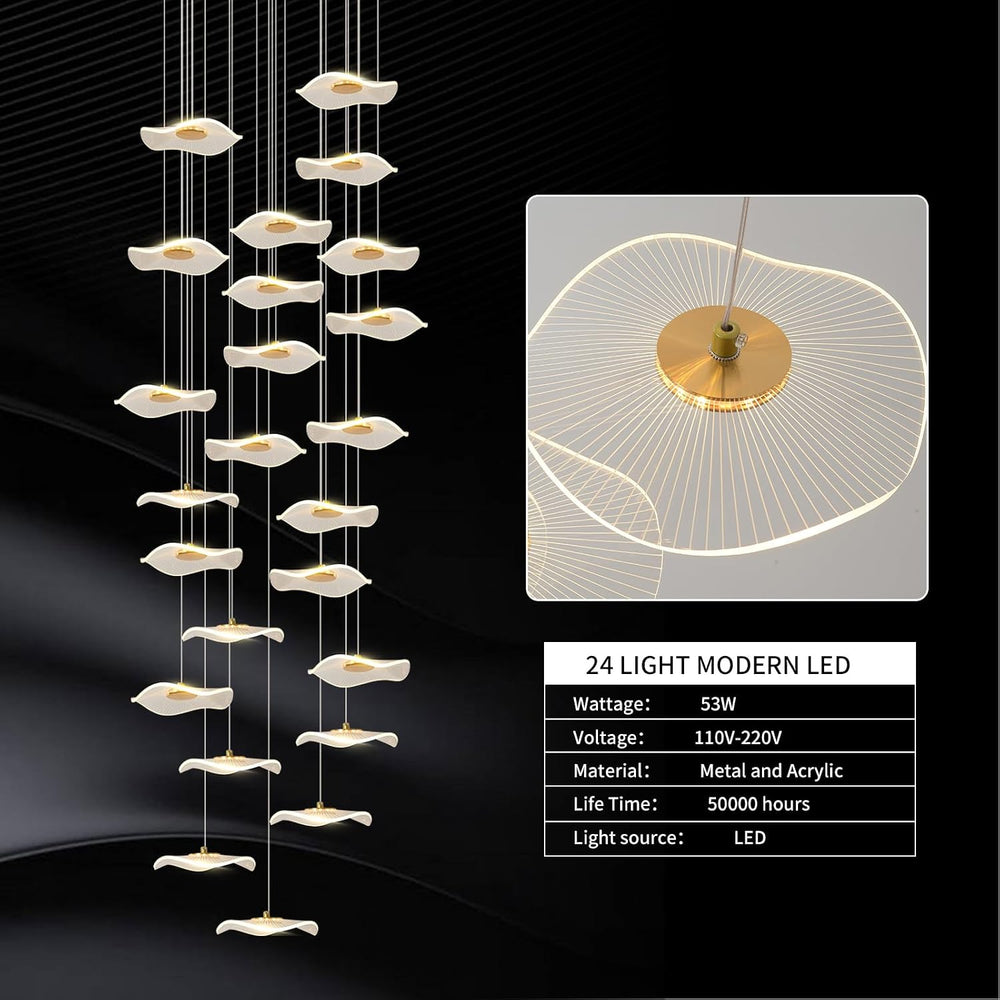 ziidoo High Ceiling Chandelier - 24-Light Dimmable Modern Gold Long Spiral Lu...