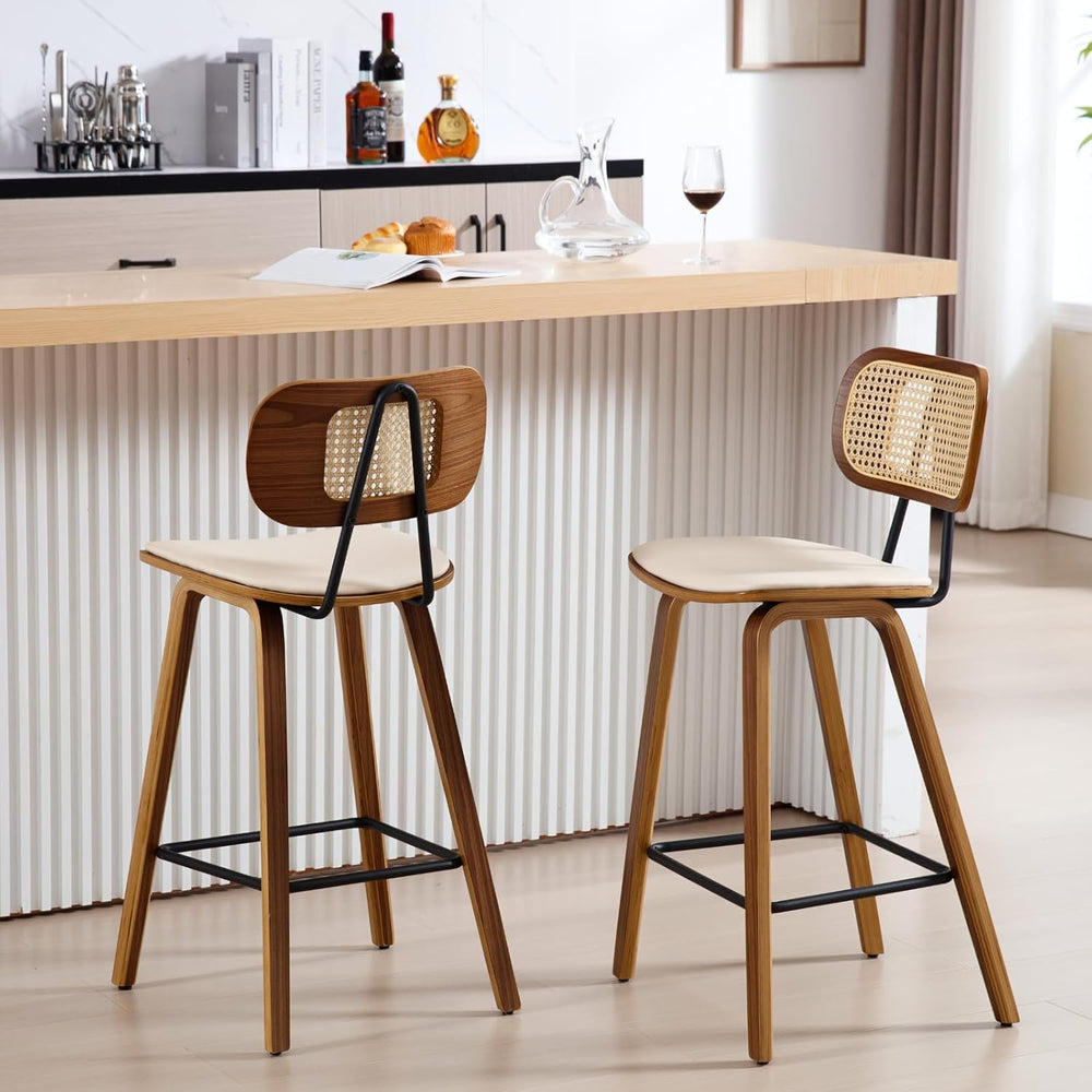 Ya-Home Mid-Century Bar Stools Set of 2, 26 Inch PU Leather Barstools with Op...