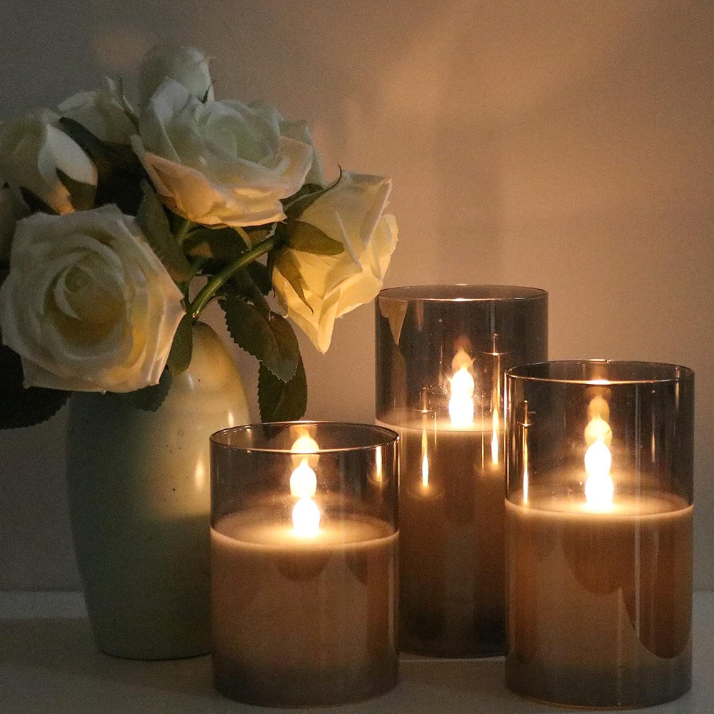 GenSwin Gray Glass Flameless Led Candles Battery Operated with Timer and 10-K...