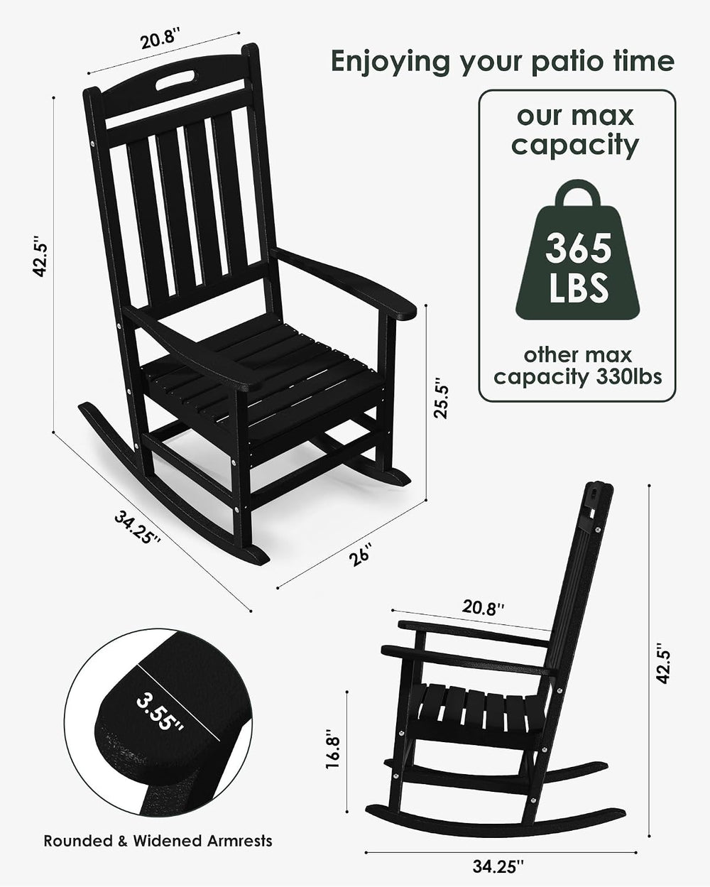 Outdoor Rocking Chair Set of 2, All-Weather Resistant Poly Lumber Rocker Chai...