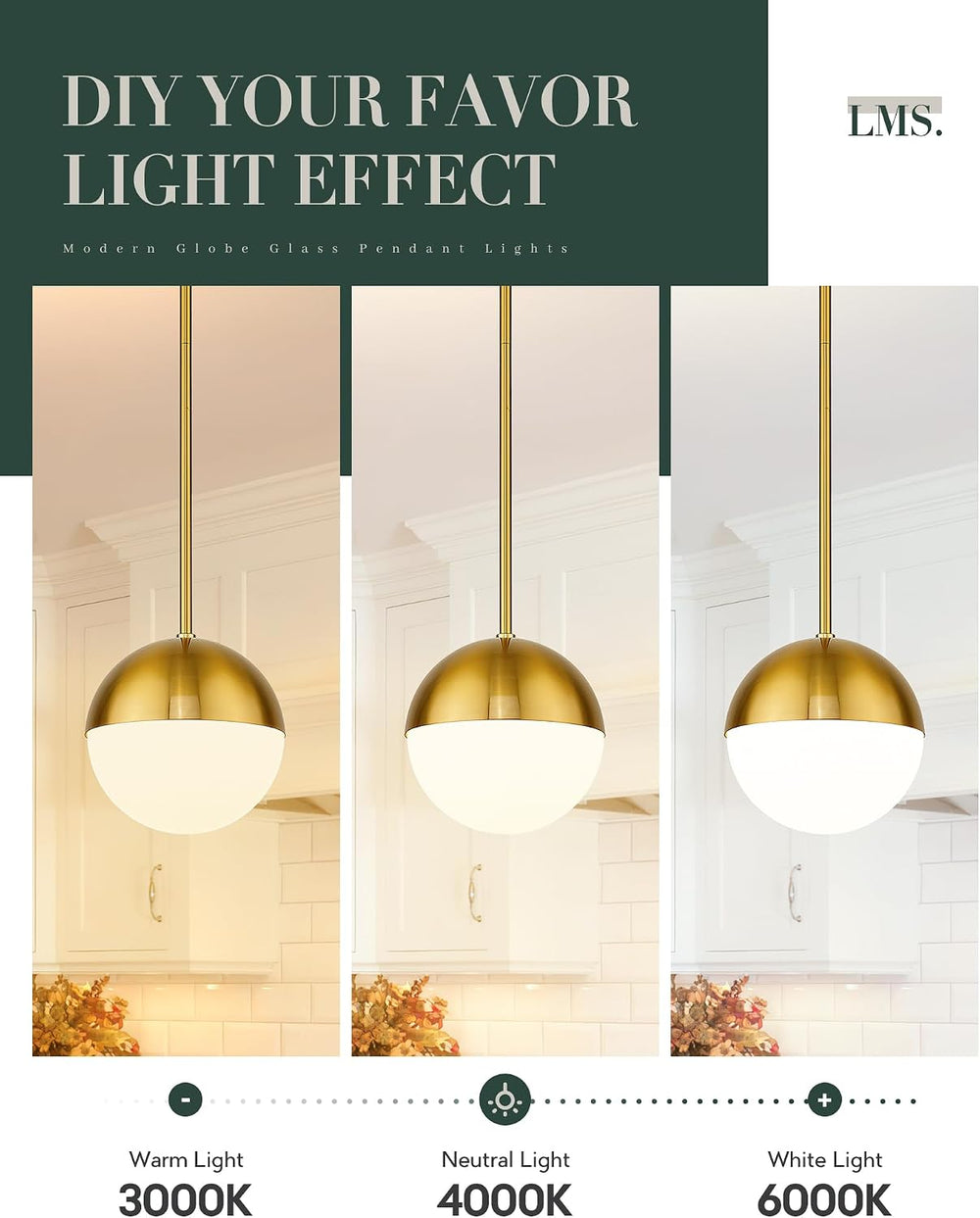LMS 2-Pack Brushed Gold Pendant Lights, Modern Pendant Light with Milky Globe...
