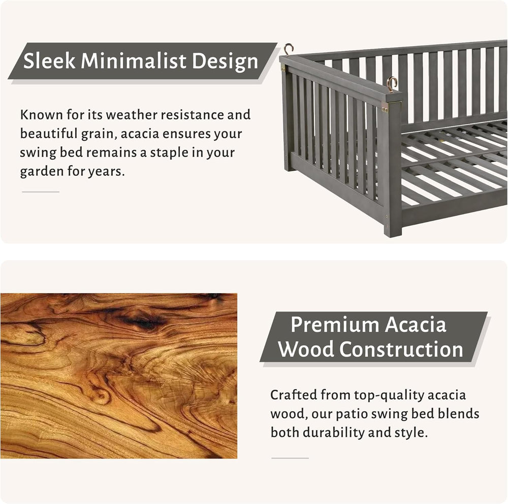 Patio Minimalist Acacia Wood Porch Swing with Hemp Rope, Twin Size Garden Swi...