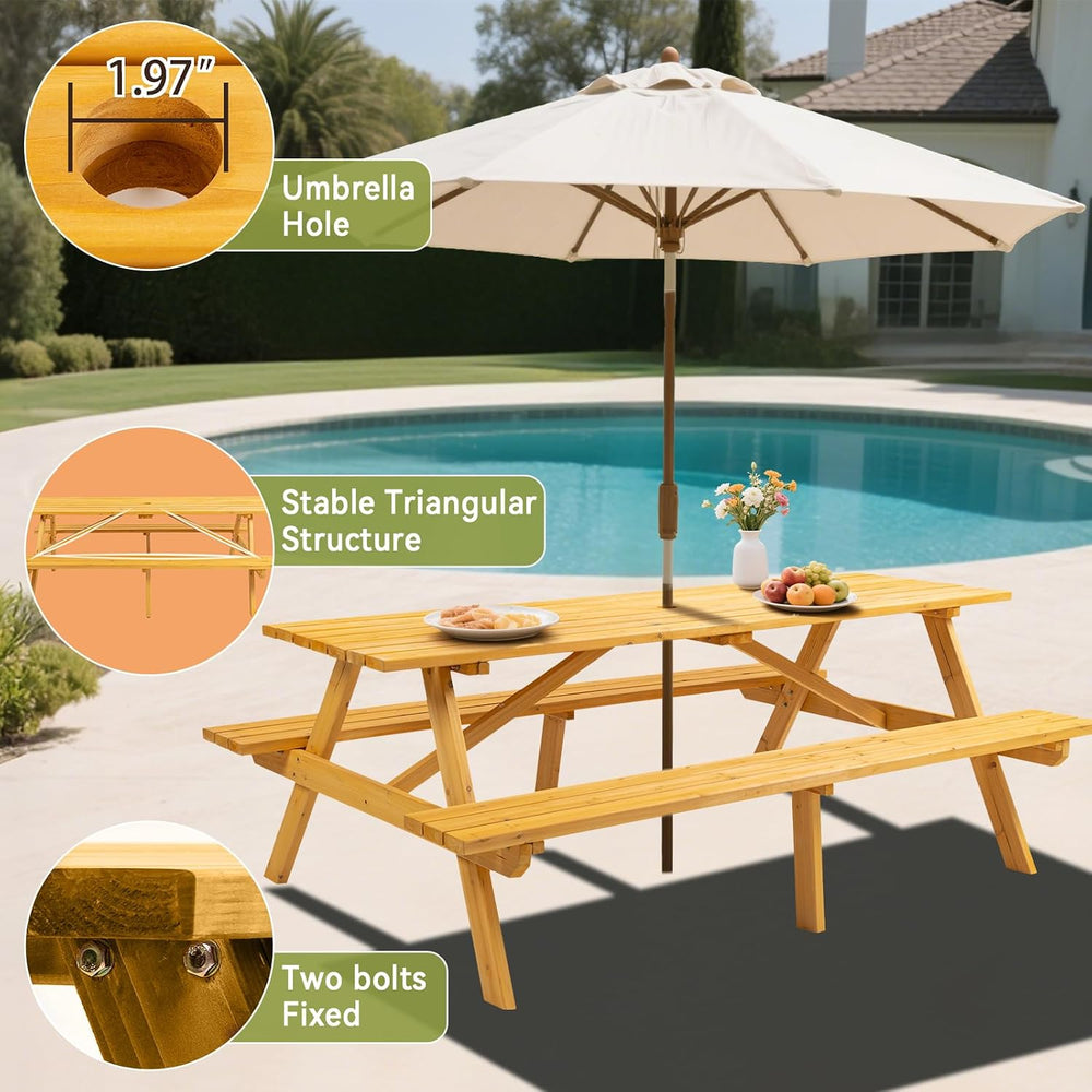 75" Rectangular Outdoor Picnic Table with Built-in Benches & Umbrell...
