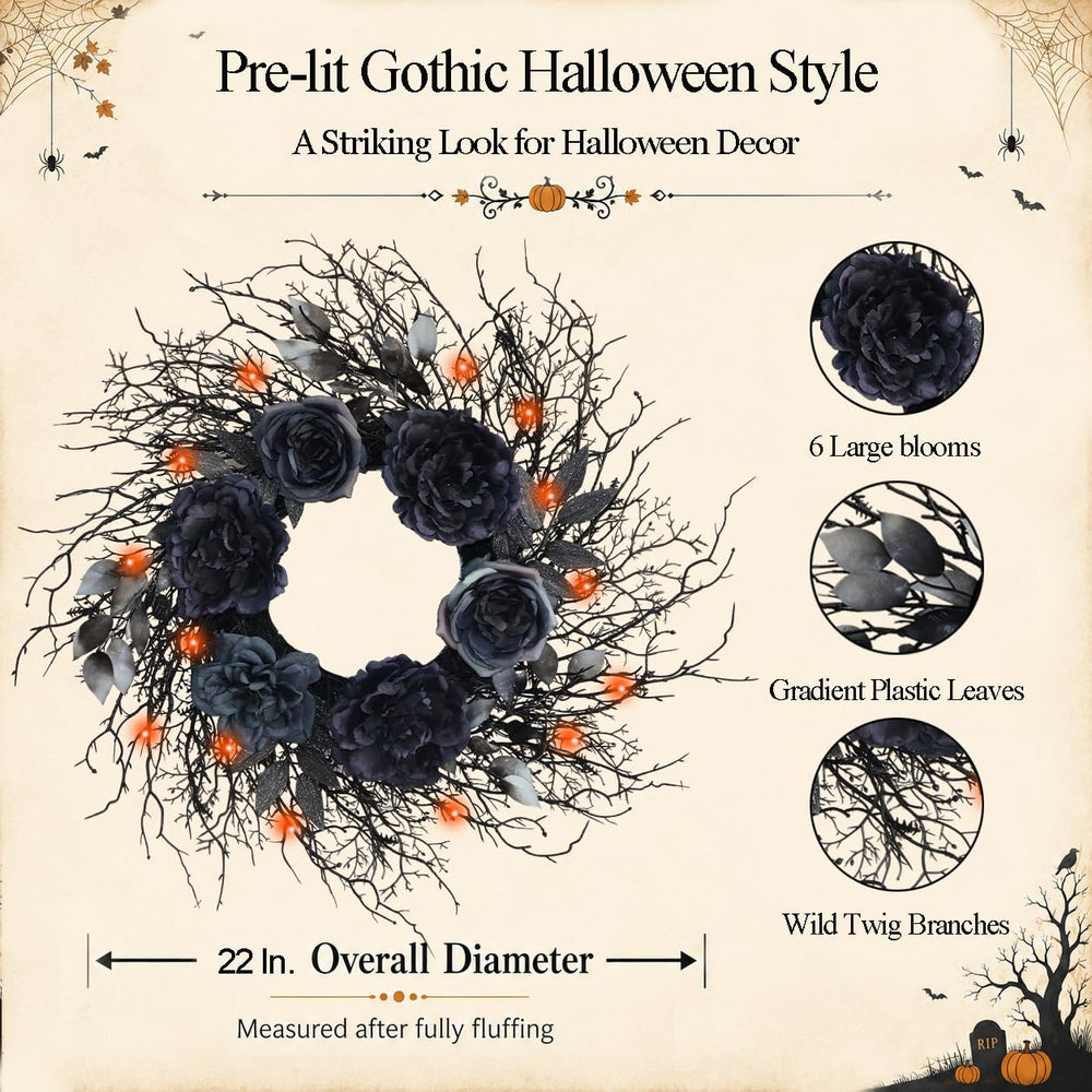 22 Inch Pre-Lit Black Twig Halloween Wreath for Front Door