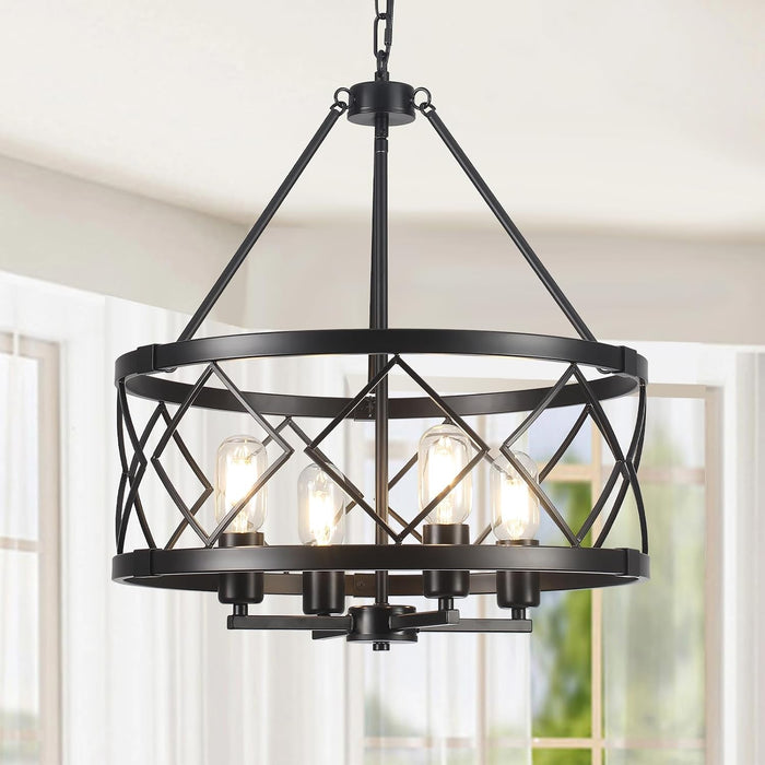 17.7" Black Farmhouse Chandelier, 4-Light Modern Drum Pendant Light Fixture, Industrial Geometric Metal Cage Hanging Chandelier for Dining Room Over Table, Kitchen Island & Entryway