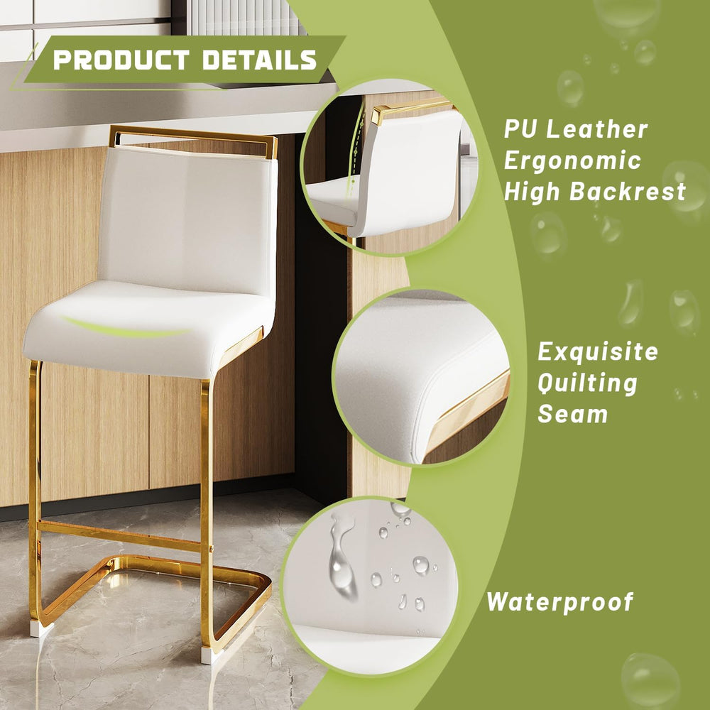 Bar Stools Set of 3,Gold Bar Stools with Back,25" White Island Chairs wi...