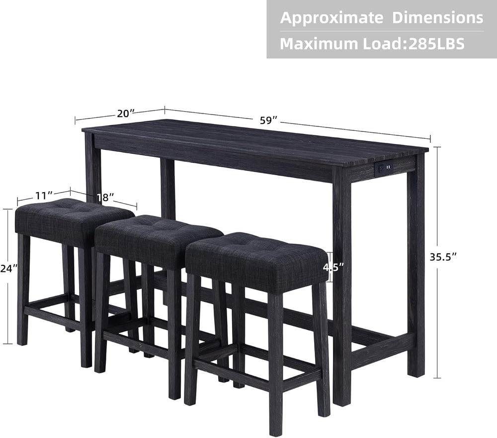 DUHOME 4 Piece Bar Table Set with Power Outlet,Industrial Breakfast Table wit...