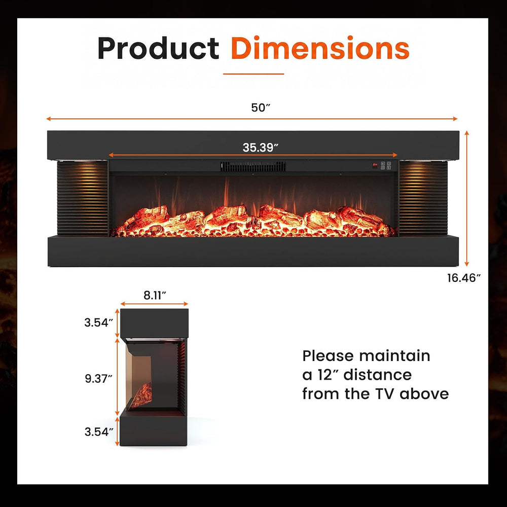 ORALNER 3 Sided Wall Mount Electric Fireplace w/ 50" Floating Mantel, Black