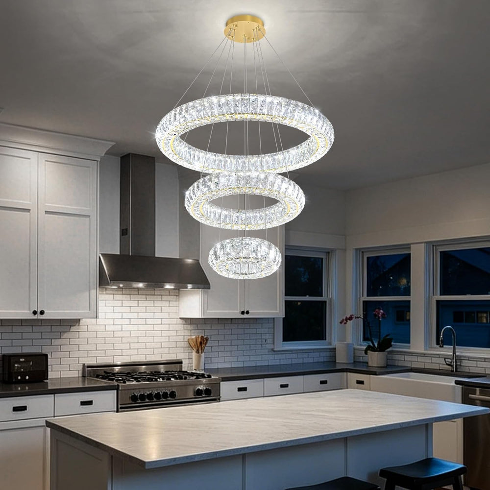 3 Ring Modern Crystal Chandelier Dimmable Ring Pendant Light Round Crystal Hi...